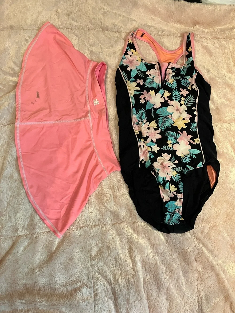 ZeroXposur Black Floral One-Piece Swimsuit with Pink Skirt